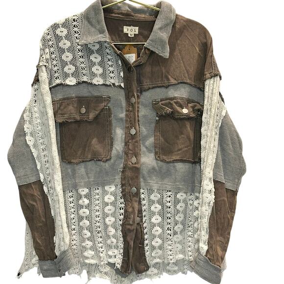 POL Tops - POL – Lace Panel Button-Down Shirt – Brown/Grey – Size Medium